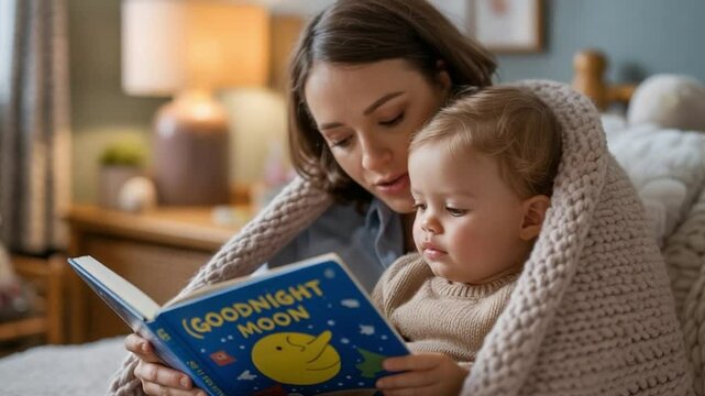 Mother reading bedtime story with toddler under cozy blanket
