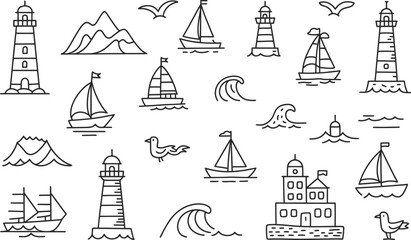 Nautical elements set featuring lighthouse sailboats waves birds mountains and buildings in simplified black and white