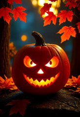 Glowing Jack-o'-Lantern Amidst Autumn Leaves
