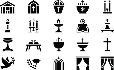 Collection of various religious icons in a black and white flat design illustrating christianity