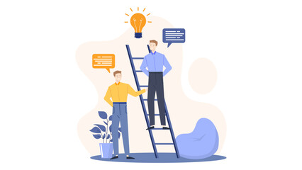Two men standing by a ladder with a lightbulb above them. Suitable for illustrating teamwork, problem-solving, electrician services, and home improvement concepts.
