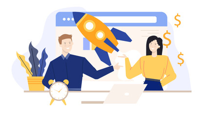 Two people collaborating on a project with rocket and dollar signs, suitable for business, finance, teamwork, innovation concepts.