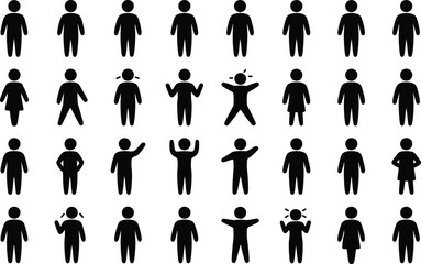 Black silhouette collection depicting diverse human poses and expressions for various design and conceptual projects