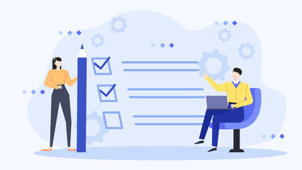 Man and woman by checklist and pencil. Perfect for business, planning, teamwork, organization, collaboration, completion, checking tasks, productive concepts.