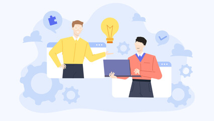 Two men discussing a new idea online. Suitable for blogs, presentations, social media posts, and marketing materials targeting professional communication.