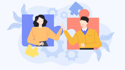 Two people high fiving on puzzle pieces. Suitable for teamwork, partnership, collaboration concepts in business presentations, websites, and social media.