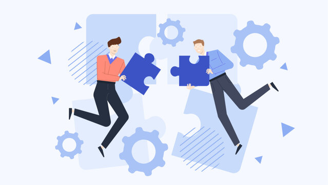 Two men fitting puzzle pieces together. Ideal for teamwork, collaboration, problem-solving, partnership concepts in business presentations, articles, or designs.
