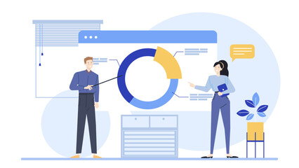 Two individuals explain pie chart in business presentation. Suitable for financial reports, data analysis, teamwork concepts, corporate meetings, presentations.