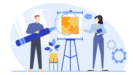 Two people discussing a puzzle on a whiteboard; perfect for educational content, teamwork concepts, problem-solving articles, or collaborative projects.