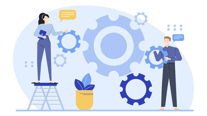 Two people are shown interacting with large blue gears, suitable for teamwork, collaboration, innovation, technology, and industrial concepts.