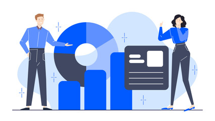 Man and woman by pie chart and bar graph; financial concept suitable for presentations, reports, business articles, educational materials, website graphics.