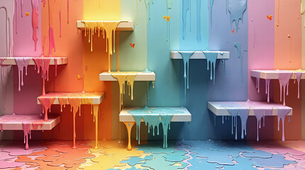 Colorful dripping paint on shelves against a vibrant gradient background for artistic designs 
