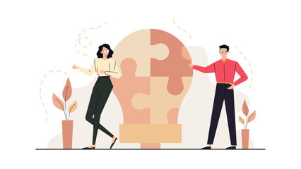 Two people near a large light bulb shaped puzzle, symbolizing teamwork, innovation, problem-solving. Suitable for teamwork, brainstorming, innovation concepts.