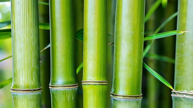 Lush Green Bamboo Stalks Surrounded by Vibrant Leaves in a Natural Tropical Setting