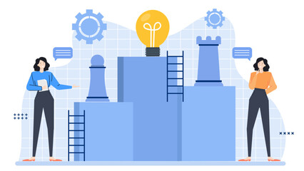 Two women presenting with podium, light bulb chess pieces, and ladders. Ideal for business strategy, leadership, innovation, and teamwork concepts.