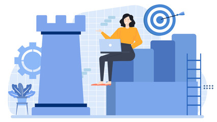 Woman working on a laptop sitting on blue platform with castle backdrop, target bullseye. Suitable for business strategies, digital marketing concepts.