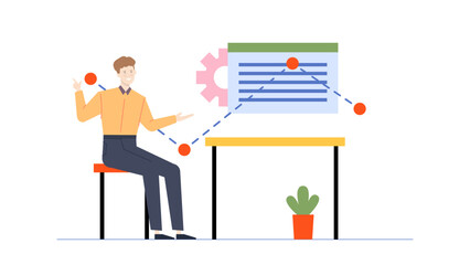 Fototapeta premium Man points at a diagram on a stool. Suitable for business presentations, educational materials, and marketing concepts related content creation.