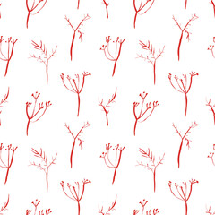 Seamless red dill pattern with hand drawn whimsical botanical elements on white background for modern packaging and textiles
