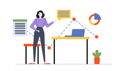 Woman standing by a desk and chair. Suitable for office, work, professionalism, business, entrepreneur, workplace, corporate, and modern.