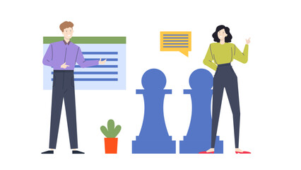 Man presenting to a woman next to blue chess pieces, ideal for business strategy, communication, leadership, teamwork, and diversity concepts.