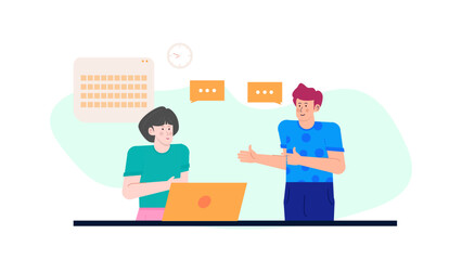 Woman working on laptop with man in discussion, teamwork concept, business meeting, communication, office environment, technology collaboration, online conference, partnership.