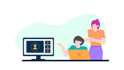 Two women video calling on laptop, virtual meeting, online communication, technology, remote work, social distancing, teamwork, collaboration, internet connection.