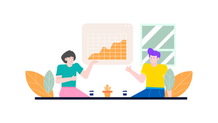Woman pointing to orange line graph, man giving thumbs up. Suitable for business presentations, teamwork concepts, successful collaboration visuals.