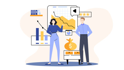 Two people, a graph, money bag, and a table in a business setting. Perfect for financial planning or business strategy concepts.
