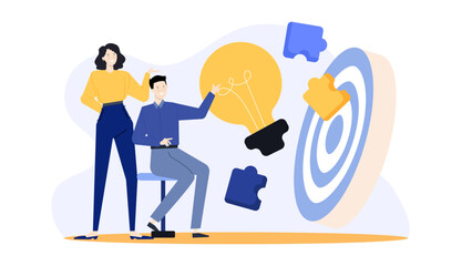 Two people pointing to a lightbulb near a target. Suitable for business goals, teamwork, idea generation concepts in designs.