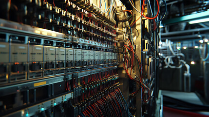Naklejka premium Server Room with Complex Wiring and Network Equipment