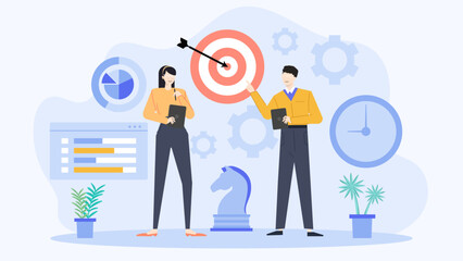 Two people aiming arrow at target, symbolizing focus, goal, strategy. Suitable for business, teamwork, success, achievement, and goalsetting concepts.