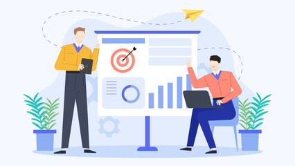 Two men presenting business data on a whiteboard. Suitable for presentations, teamwork, business discussions, office concepts, collaboration, brainstorming.