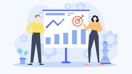 Two people face whiteboard with graph, target, gear. Suitable for business presentations, teamwork concepts, goal setting visuals, corporate meetings.
