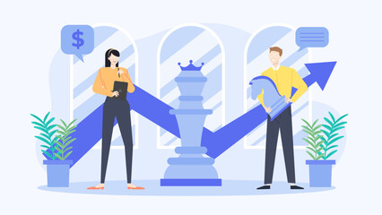 Woman and man with technology and strategy tools for business or education concept. Suitable for technology or strategy themed designs.