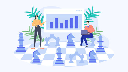 Business strategy illustrated with people on a chessboard. Suitable for presentations on teamwork, leadership, and strategic planning in business.