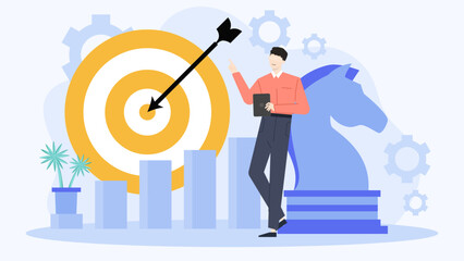 Man stands near a target with an arrow in it, suitable for business success, achievement, goalsetting concepts, archery sports themes.