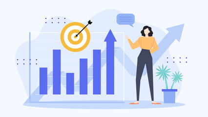 Woman presenting a bar chart with a target and arrow, ideal for business presentations, marketing reports, financial infographics, data analysis.