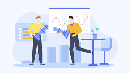 Two men strategically hold oversized chess pieces in an office, perfect for business tactics, competition, strategy, leadership concepts.