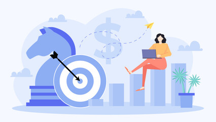 Woman seated on a blue bar graph with a laptop and target in the background. Ideal for business, financial, and success concepts.