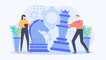 Two people engaged in a strategic game of chess with blue pieces. Suitable for business strategy or competition concepts.