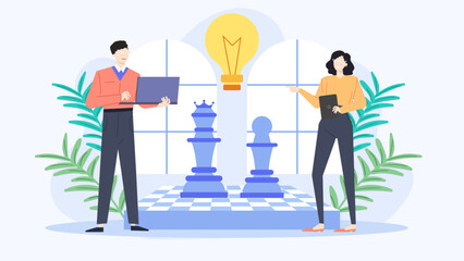 Two people strategizing by chessboard and light bulb. Suitable for business concepts, teamwork, brainstorming, innovation, and problem-solving projects.