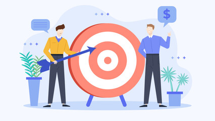 Two people aiming at bullseye, one arrow hits target. Concept of teamwork, precision, goal achievement. Success, collaboration, competition, achievement concept.