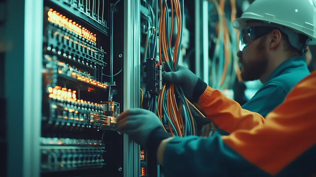 Technician Managing Network Cables in a Server Room