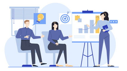 Woman presenting a business plan to two colleagues in a meeting room. Suitable for business presentations, teamwork concept, corporate communications.
