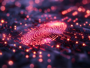 Biometric fingerprint scan glowing in digital matrix. Cybersecurity identification concept. Ideal for illustrating secure access or data protection systems.

