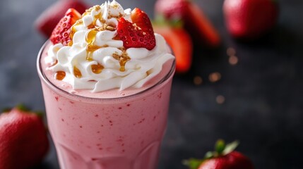 Strawberry milkshake topped with whipped cream, caramel drizzle, and graham cracker crumbs