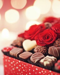 A festive box filled with assorted chocolates and red roses, perfect for a romantic or special occasion.