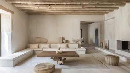 Minimalist, light-filled living room with exposed beams