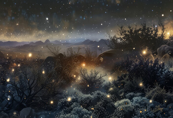 Fantasy painting with fireflies and sparkling lights in a mystical landscape at dusk