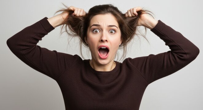 Astonished Woman Pulling Her Hair in Shock and Dismay, Portrait Against a Neutral Background